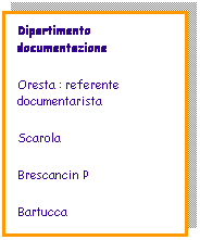 Casella di testo: Dipartimento documentazione
Oresta : referente documentarista
Scarola
Brescancin P
Bartucca
 
 

